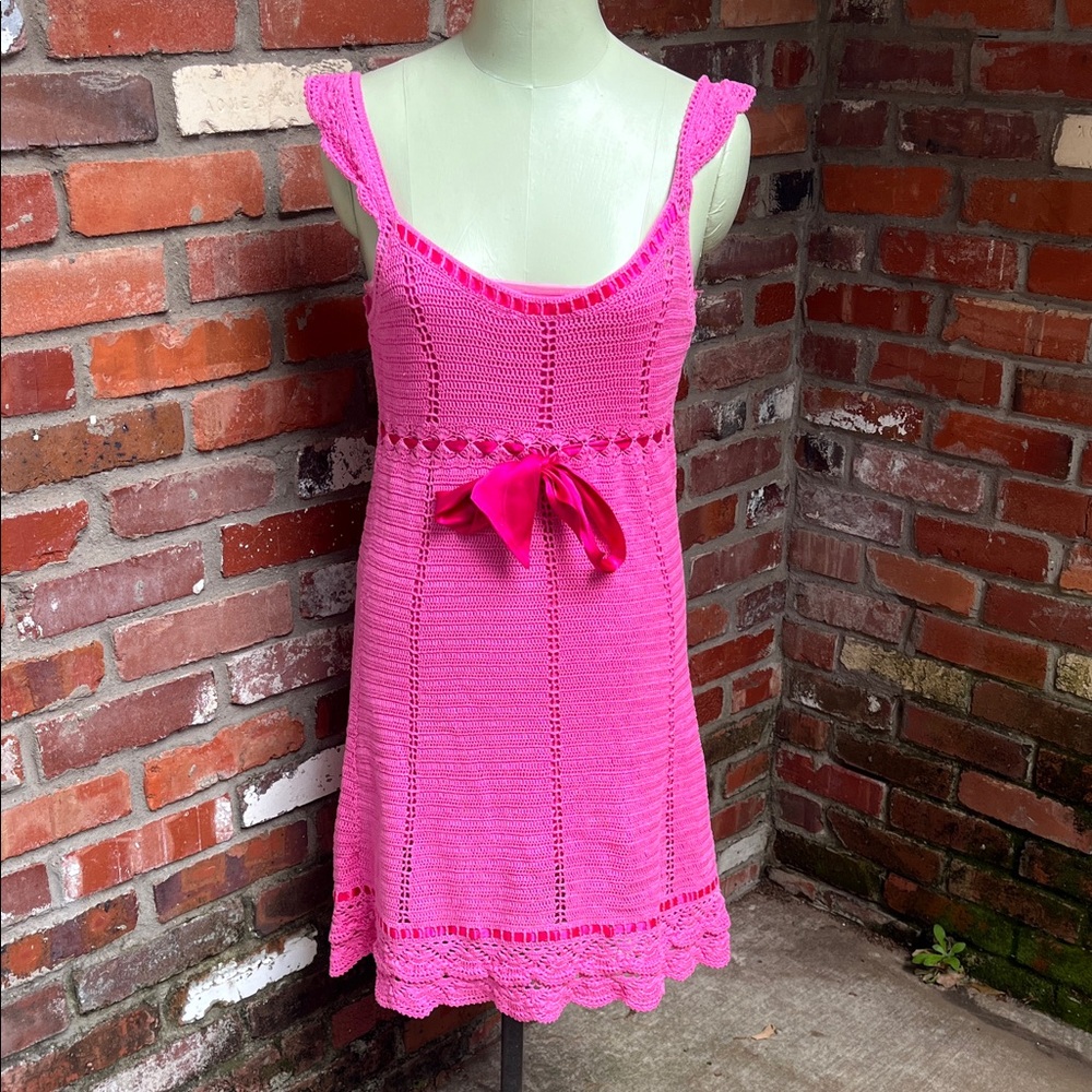 Lilly Pulitzer Hot Pink Crochet Tank Dress with Satin Waist Tie